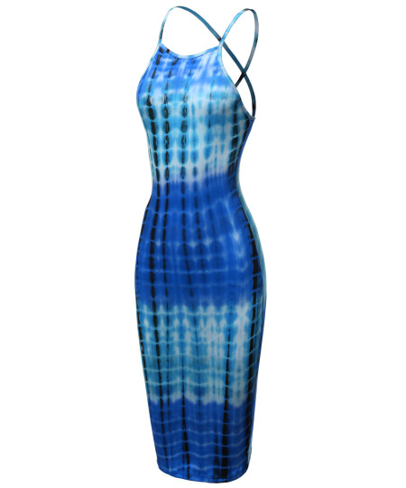 Women's Casual Sexy Sleeveless Tie Dye with Crossed Strap Back Midi Dress