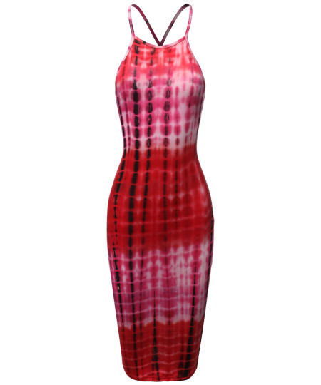 Women's Casual Sexy Sleeveless Tie Dye with Crossed Strap Back Midi Dress