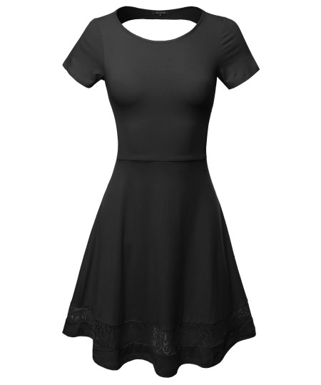 Women's Casual Cut Off Back with Lace Trim Short Sleeve Flare Dress