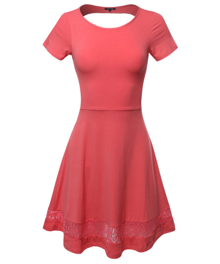 Women's Casual Cut Off Back with Lace Trim Short Sleeve Flare Dress