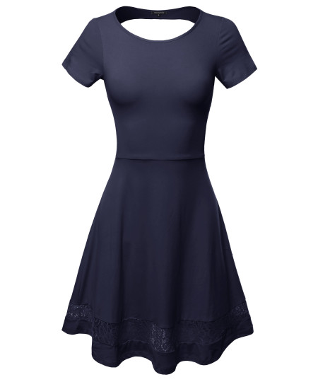 Women's Casual Cut Off Back with Lace Trim Short Sleeve Flare Dress