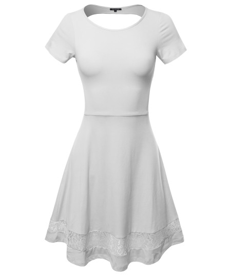 Women's Casual Cut Off Back with Lace Trim Short Sleeve Flare Dress