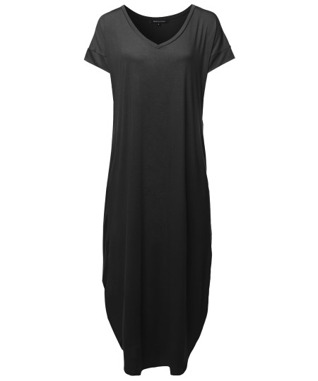 Women's Sexy Premium Fabric Short Sleeve Side Slits and Pockets Loose Long Maxi Dress