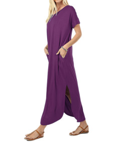 Women's Sexy Premium Fabric Short Sleeve Side Slits and Pockets Loose Long Maxi Dress