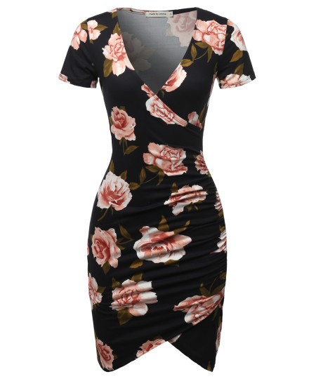 Women's Casual Sexy Stretchable Short Sleeve Flower Printed Bodycon Dress