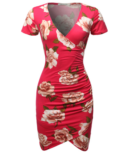 Women's Casual Sexy Stretchable Short Sleeve Flower Printed Bodycon Dress