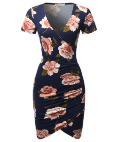 Women's Casual Sexy Stretchable Short Sleeve Flower Printed Bodycon Dress