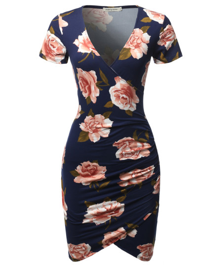 Women's Casual Sexy Stretchable Short Sleeve Flower Printed Bodycon Dress