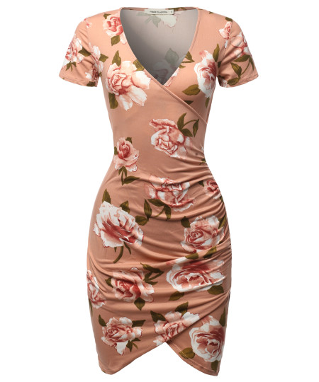 Women's Casual Sexy Stretchable Short Sleeve Flower Printed Bodycon Dress