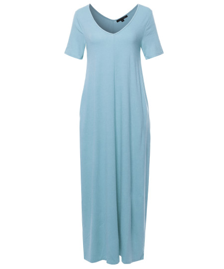 Women's Premium V-neck Short Sleeve Maxi Dress With Side Pockets