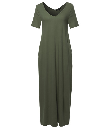 Women's Premium V-neck Short Sleeve Maxi Dress With Side Pockets