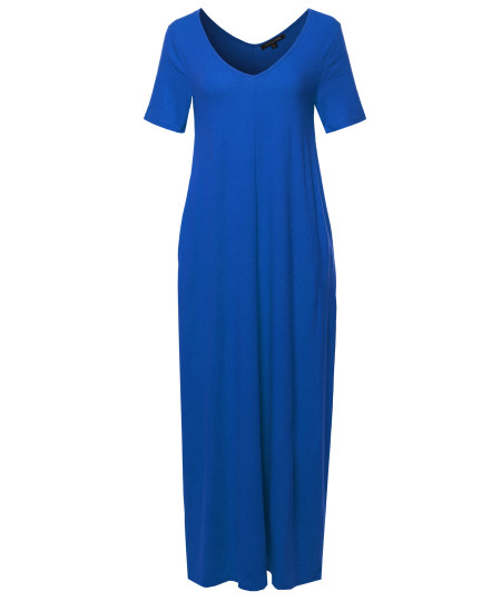 Women's Premium V-neck Short Sleeve Maxi Dress With Side Pockets
