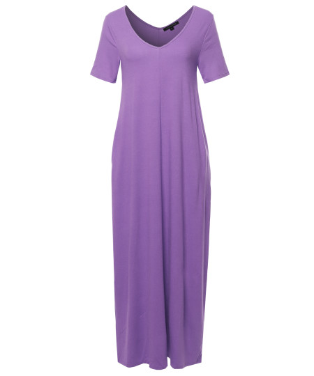 Women's Premium V-neck Short Sleeve Maxi Dress With Side Pockets