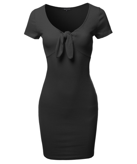 Women's Solid V-neck Front Knot Casual Dress