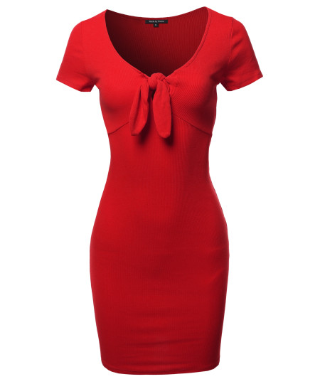 Women's Solid V-neck Front Knot Casual Dress