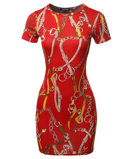 Women's Casual Crew Neck Printed Sexy Stretchy Body-con Fitted Mini Dress - Made In USA