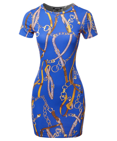 Women's Casual Crew Neck Printed Sexy Stretchy Body-con Fitted Mini Dress - Made In USA