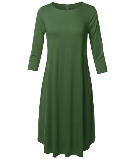 Women's Casual Solid Viscose 3/4 Sleeve Round Neck Midi Dress