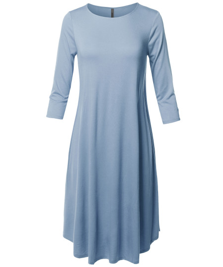 Women's Casual Solid Viscose 3/4 Sleeve Round Neck Midi Dress