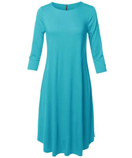 Women's Casual Solid Viscose 3/4 Sleeve Round Neck Midi Dress
