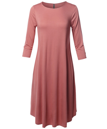 Women's Casual Solid Viscose 3/4 Sleeve Round Neck Midi Dress