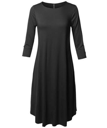 Women's Casual Solid Viscose 3/4 Sleeve Round Neck Midi Dress