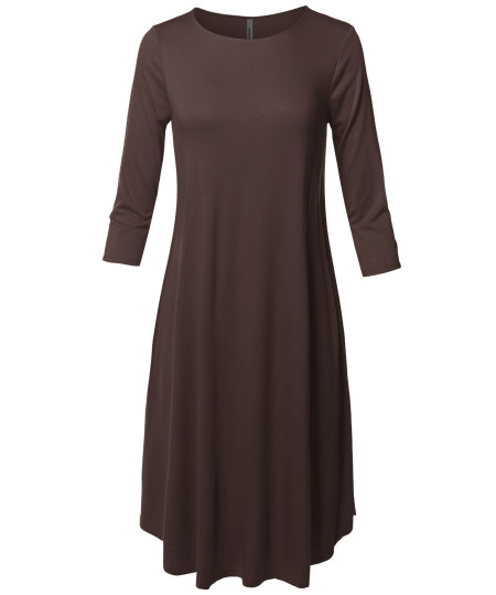 Women's Casual Solid Viscose 3/4 Sleeve Round Neck Midi Dress