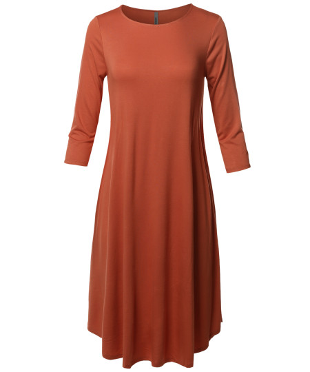 Women's Casual Solid Viscose 3/4 Sleeve Round Neck Midi Dress