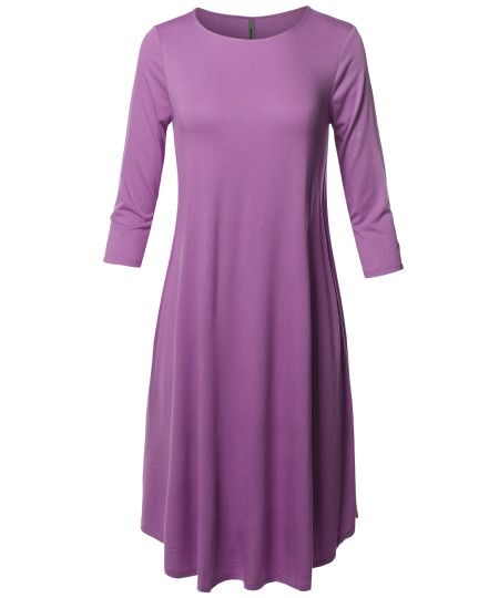 Women's Casual Solid Viscose 3/4 Sleeve Round Neck Midi Dress