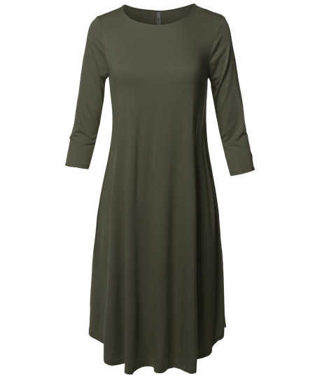 Women's Casual Solid Viscose 3/4 Sleeve Round Neck Midi Dress