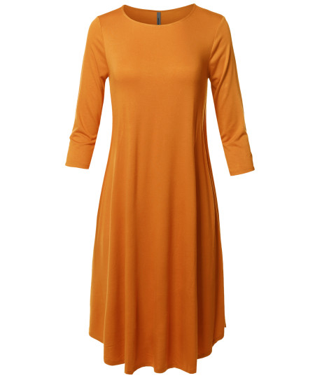 Women's Casual Solid Viscose 3/4 Sleeve Round Neck Midi Dress