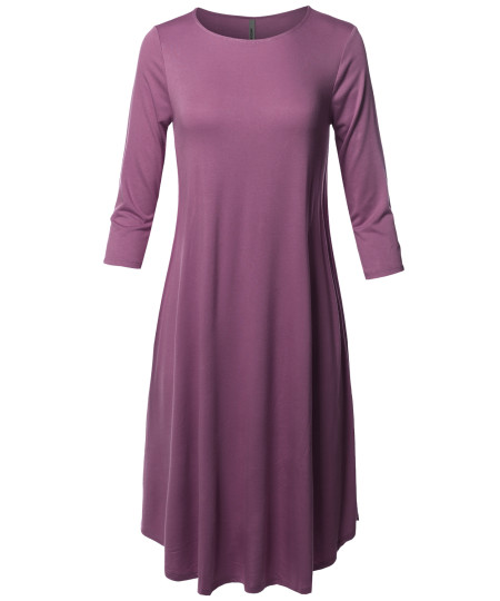 Women's Casual Solid Viscose 3/4 Sleeve Round Neck Midi Dress