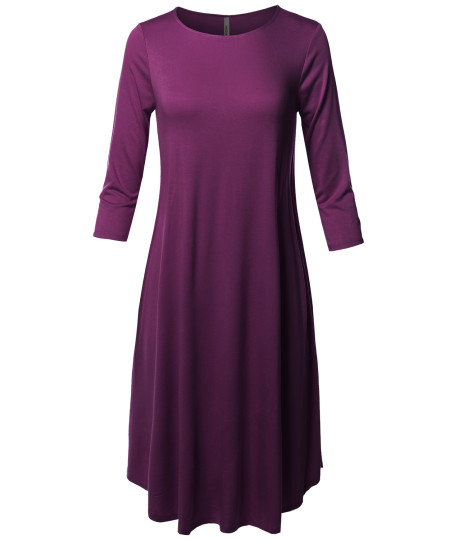 Women's Casual Solid Viscose 3/4 Sleeve Round Neck Midi Dress