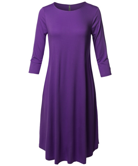 Women's Casual Solid Viscose 3/4 Sleeve Round Neck Midi Dress