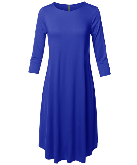 Women's Casual Solid Viscose 3/4 Sleeve Round Neck Midi Dress