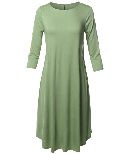 Women's Casual Solid Viscose 3/4 Sleeve Round Neck Midi Dress