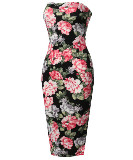 Women's Super Sexy Comfortable Floral Tube Top Bodycon Midi Dress