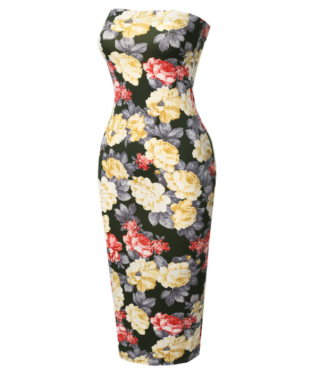 Women's Super Sexy Comfortable Floral Tube Top Bodycon Midi Dress