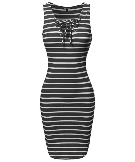 Women's Basic Every Day Lattice-Front Stripe Sleeveless Dress