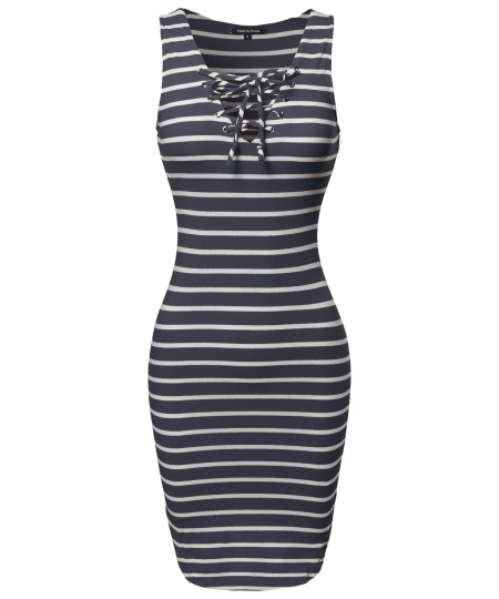 Women's Basic Every Day Lattice-Front Stripe Sleeveless Dress