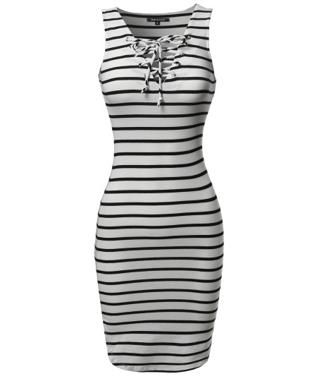 Women's Basic Every Day Lattice-Front Stripe Sleeveless Dress