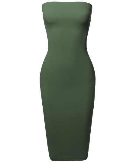 Women's Sexy Scuba Crepe Tube Top Body-Con Midi Dress in Various Colors