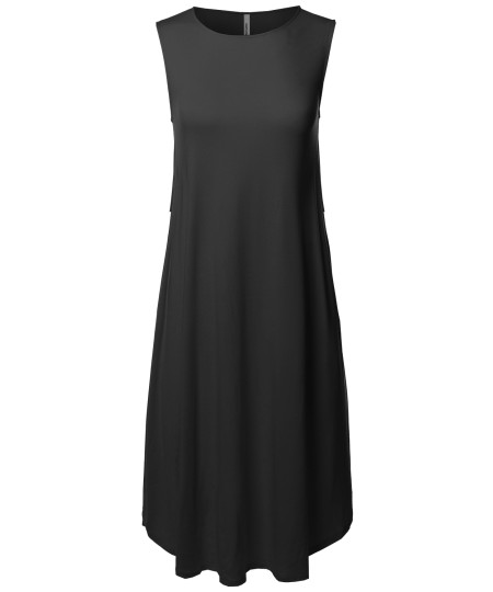 Women's Casual Solid Viscose Sleeveless Round Neck Midi Dress