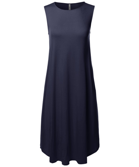 Women's Casual Solid Viscose Sleeveless Round Neck Midi Dress