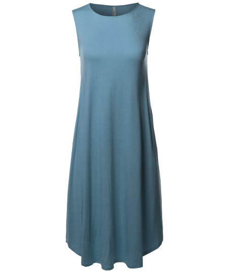 Women's Casual Solid Viscose Sleeveless Round Neck Midi Dress