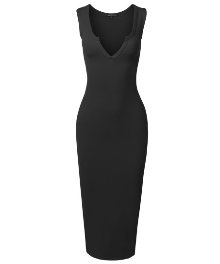 Women's Sexy Solid Split Neck Line Front Body-Con Midi Dress