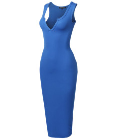 Women's Sexy Solid Split Neck Line Front Body-Con Midi Dress