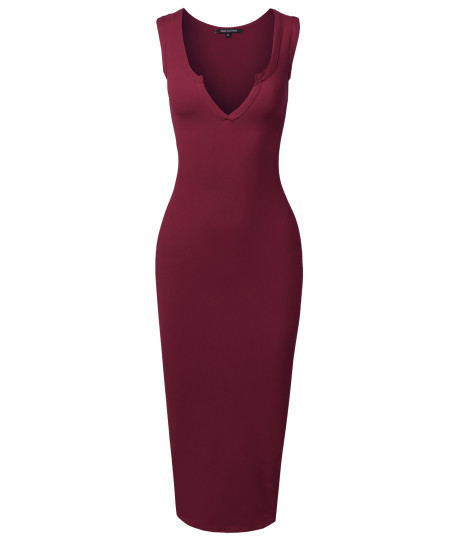 Women's Sexy Solid Split Neck Line Front Body-Con Midi Dress