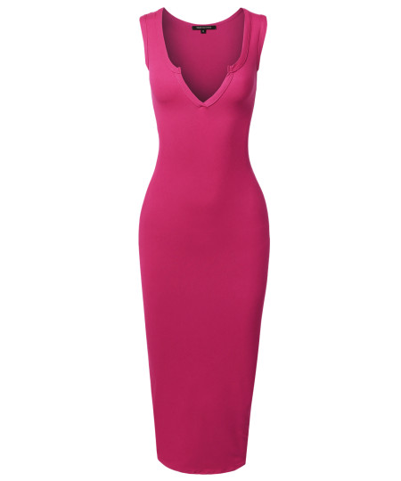 Women's Sexy Solid Split Neck Line Front Body-Con Midi Dress