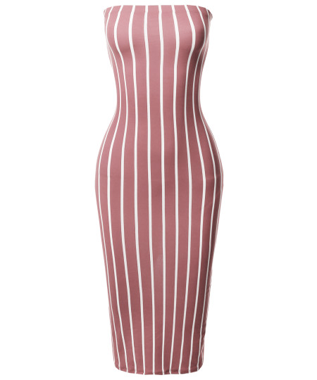 Women's Pinstripe Print Body-Con Tube Midi Dress